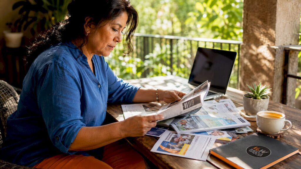 Businesswoman reviewing local media materials at home table