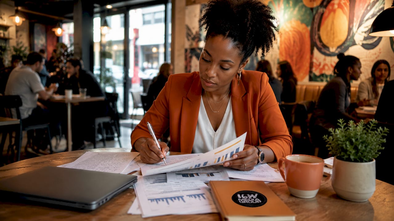 Marketer reviewing brand loyalty reports in home office