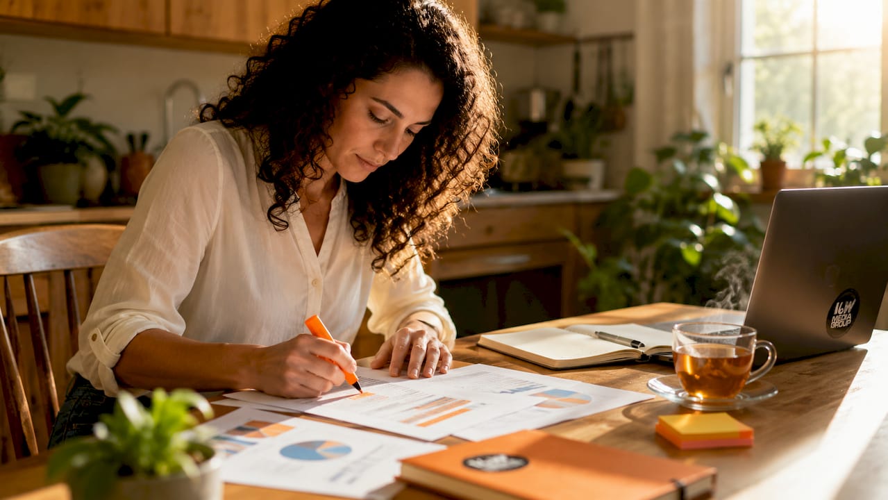 Marketer reviewing targeted advertising data at desk