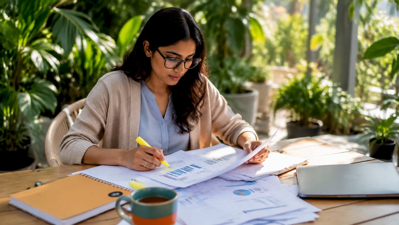 Woman reviewing media analytics documents
