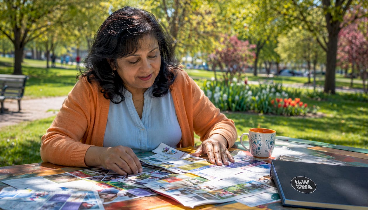Woman reviewing community media materials for business growth
