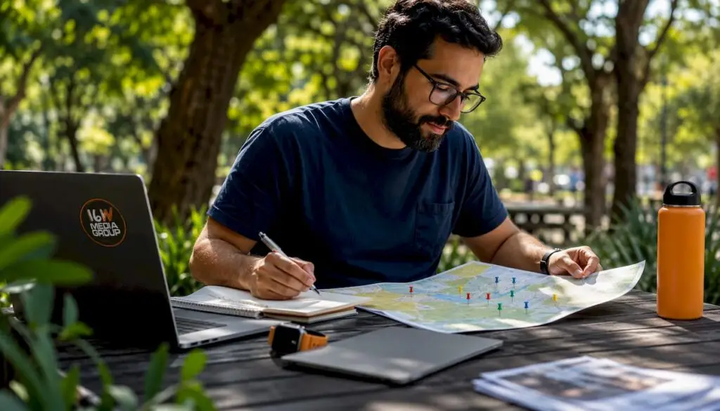 Marketing analyst reviewing location map