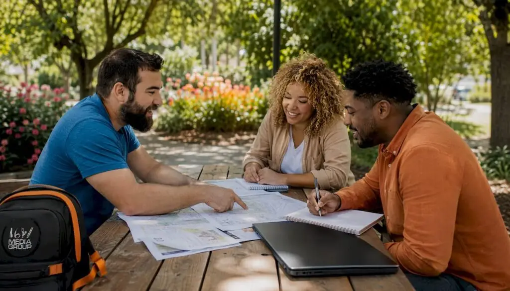 Community organizers planning storytelling strategy