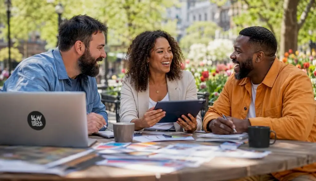 Small business owners discussing marketing ideas