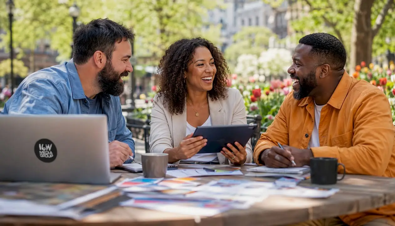 Small business owners discussing marketing ideas