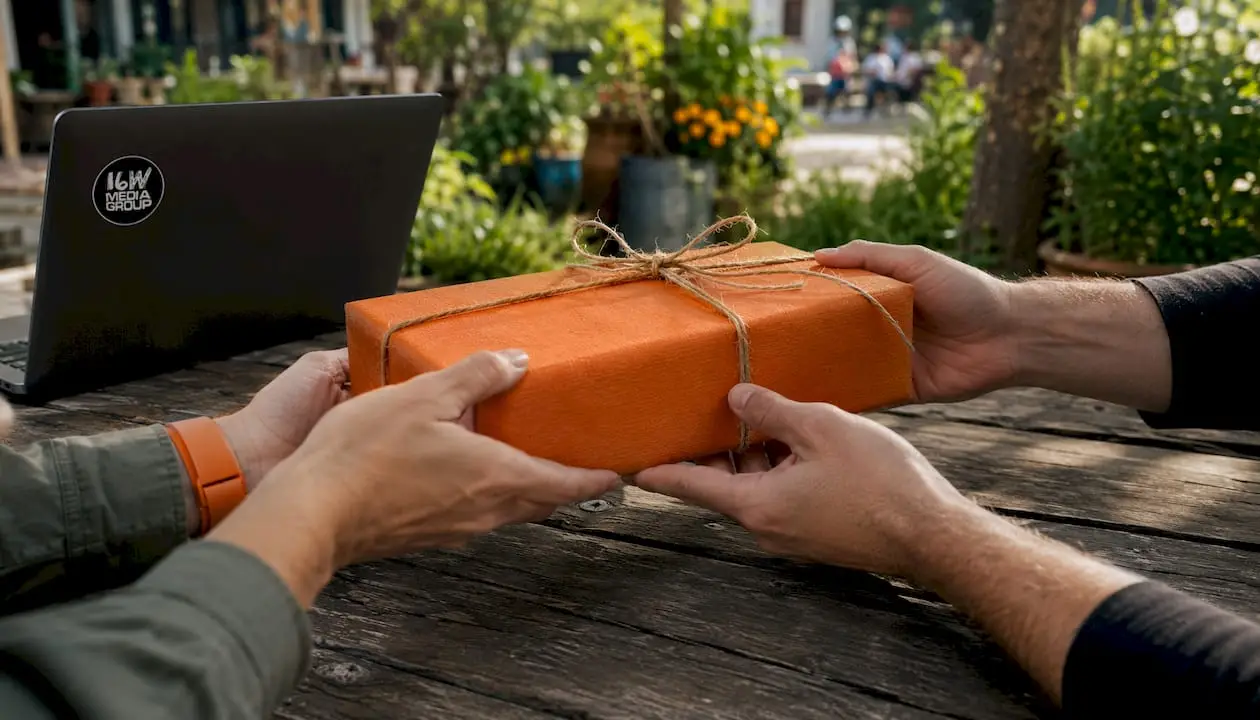Hands exchanging gift for referral