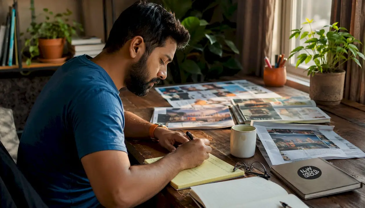 Overhead of man preparing media pitch materials