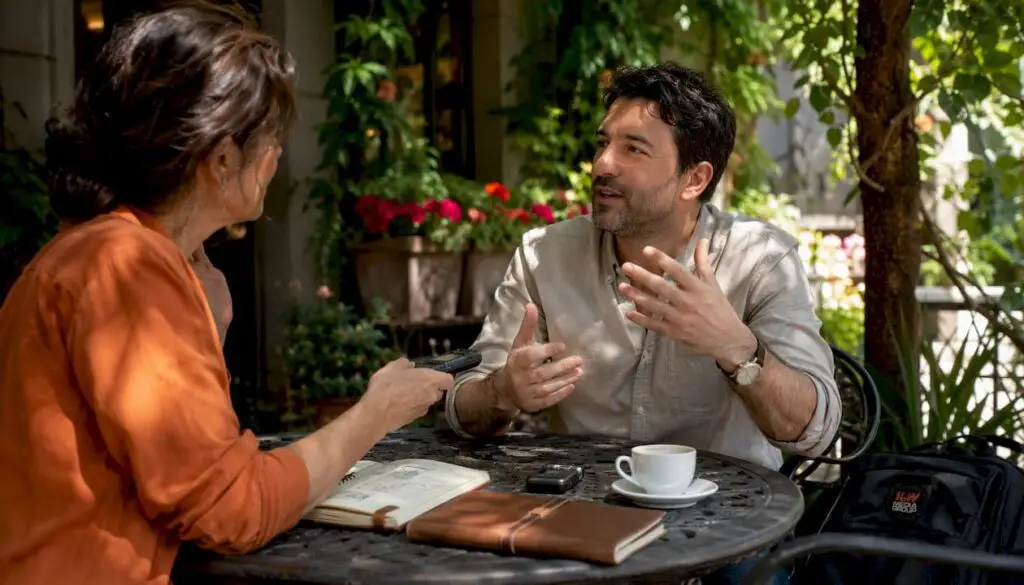 Journalist interviewing local business owner in café