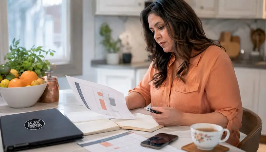 Woman reviewing marketing agency comparisons at home
