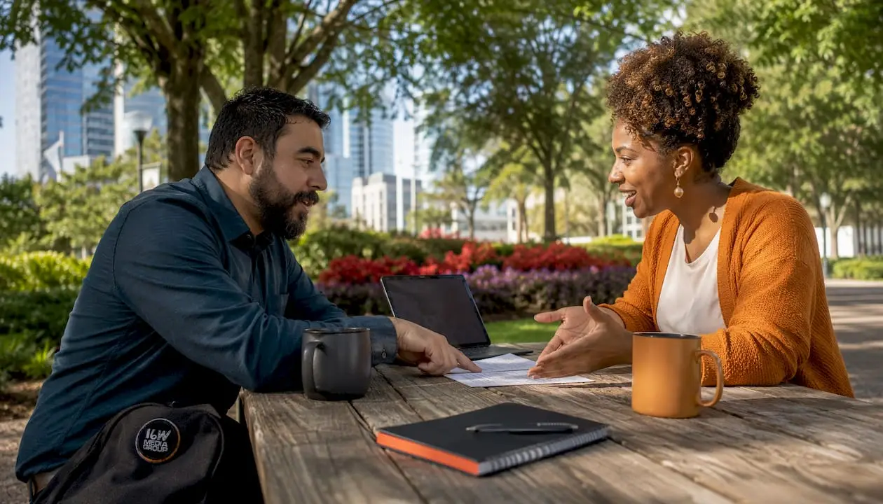 Two local business owners discussing marketing outdoors