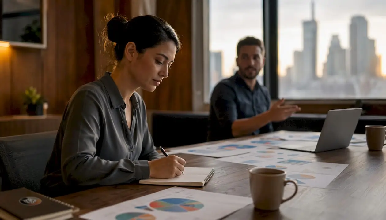 Professional woman taking notes in CRM meeting