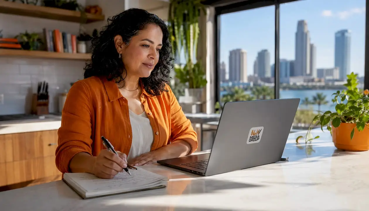 Woman consulting on media planning in Tampa office