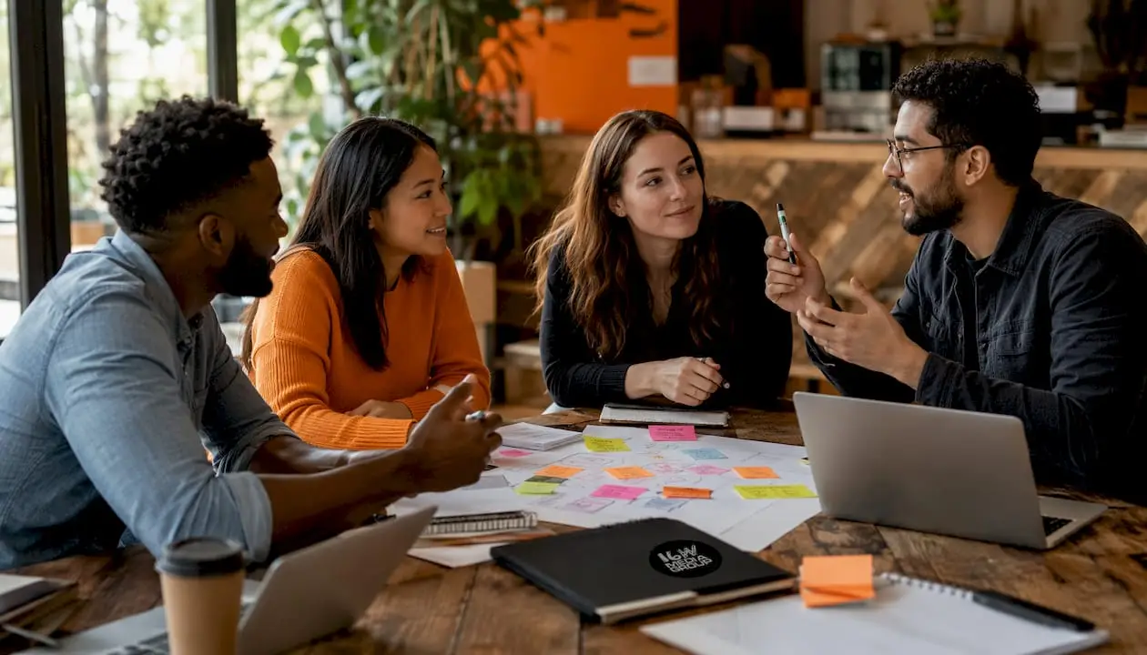 Diverse media team brainstorming agency strategies