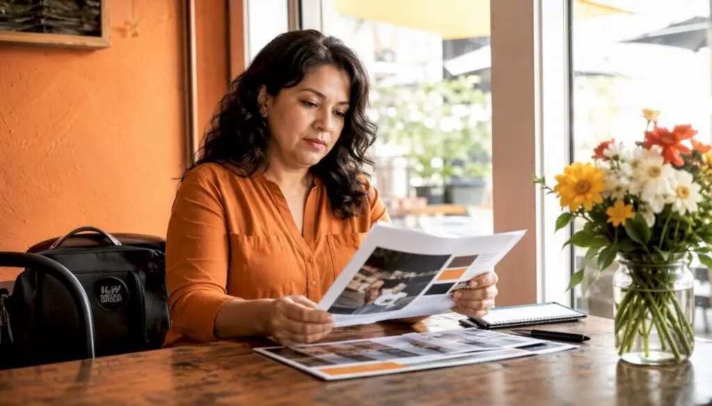 Local business owner reviewing marketing proposal