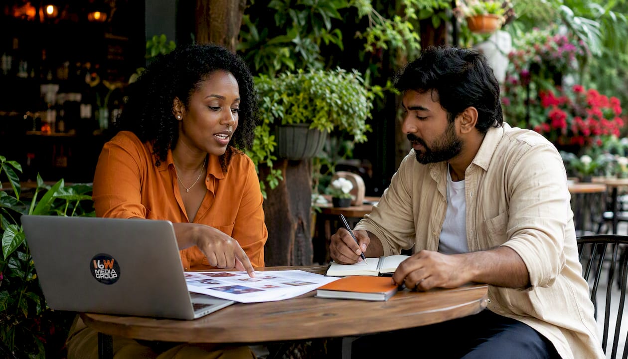 Two professionals discussing campaign plans