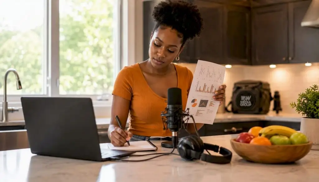 Podcaster reviewing hosting platform options at desk