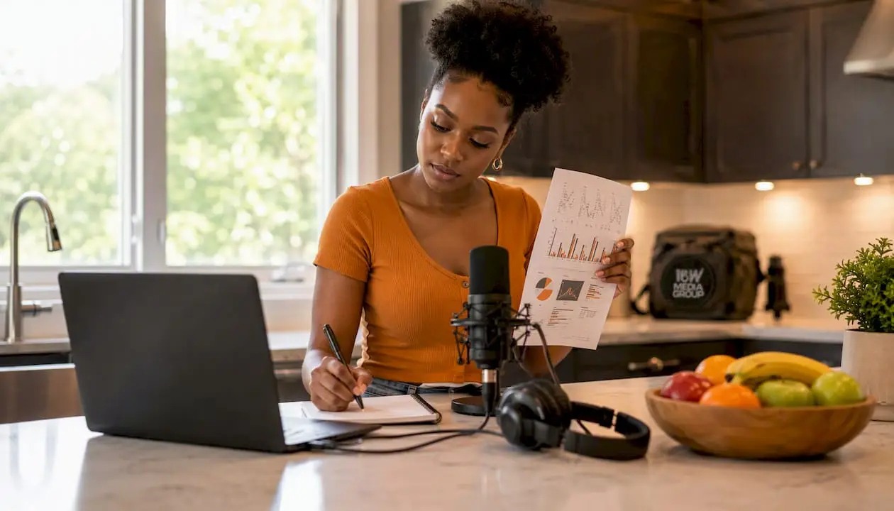 Podcaster reviewing hosting platform options at desk