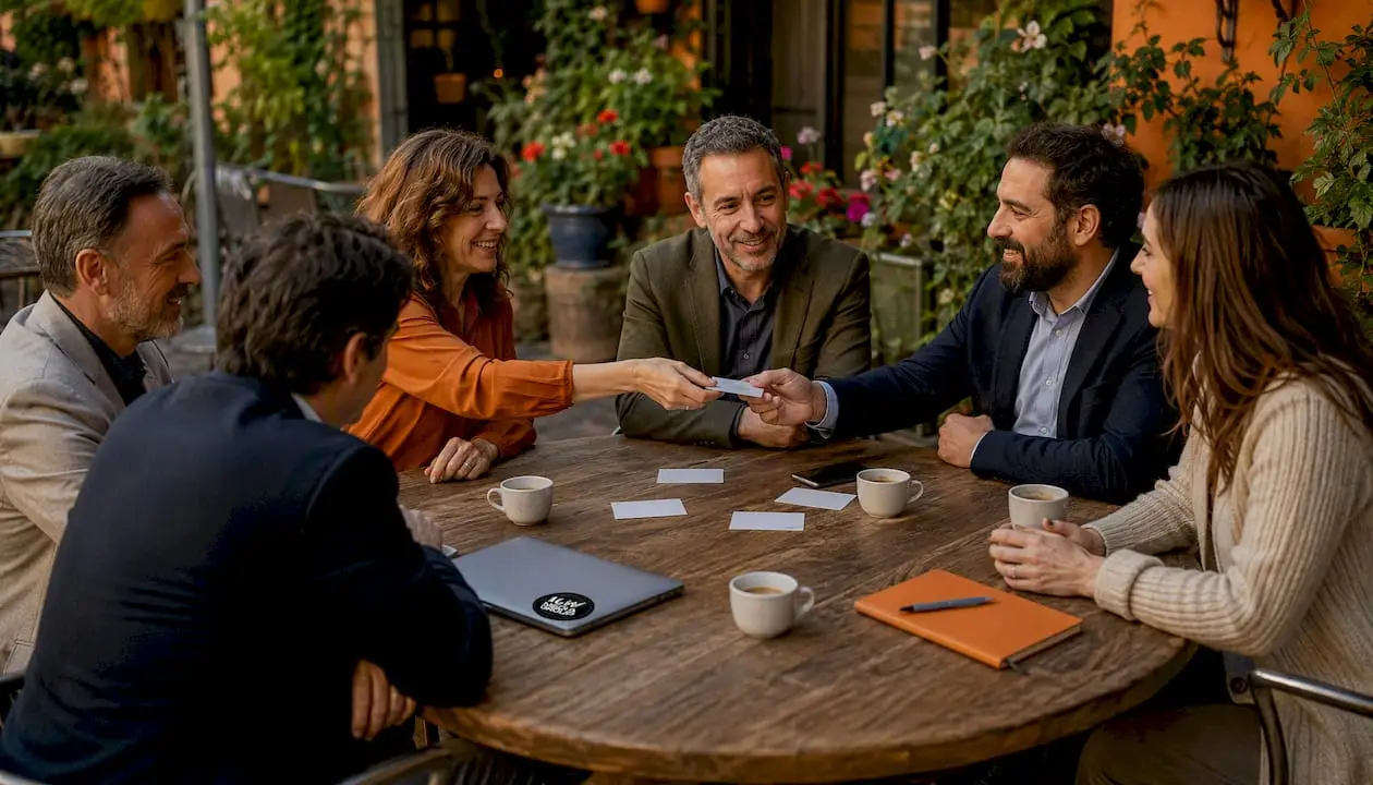 Professionals exchanging business cards at café