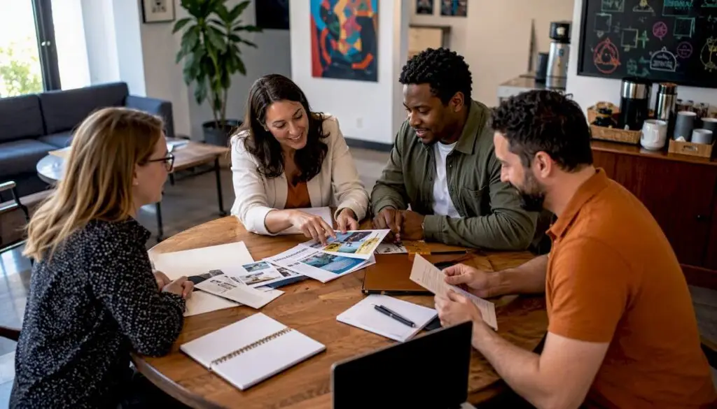 Small business owners discussing local chambers