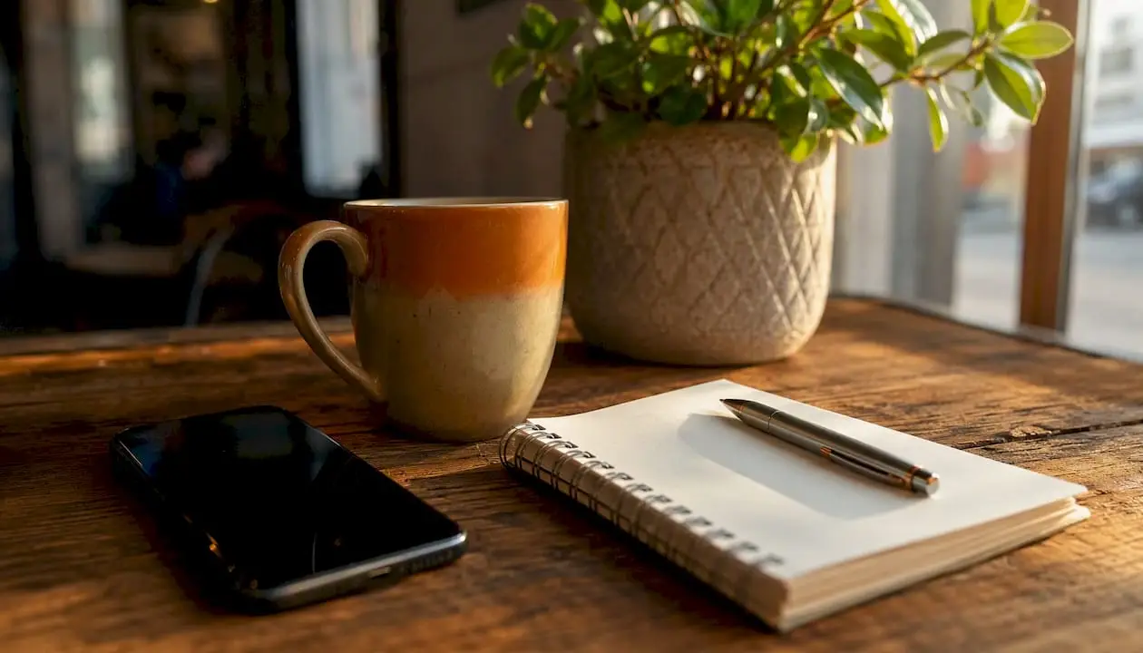 Smartphone on table with coffee and notebook