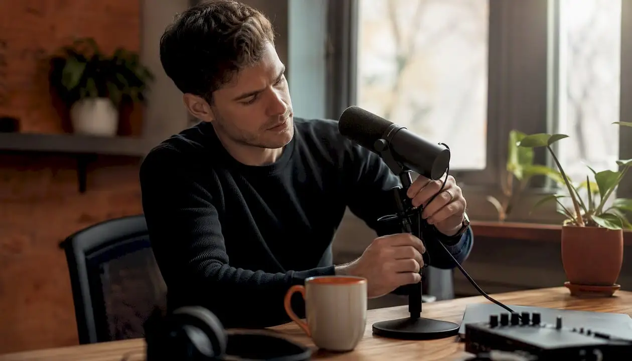 Hands adjusting microphone in podcast studio