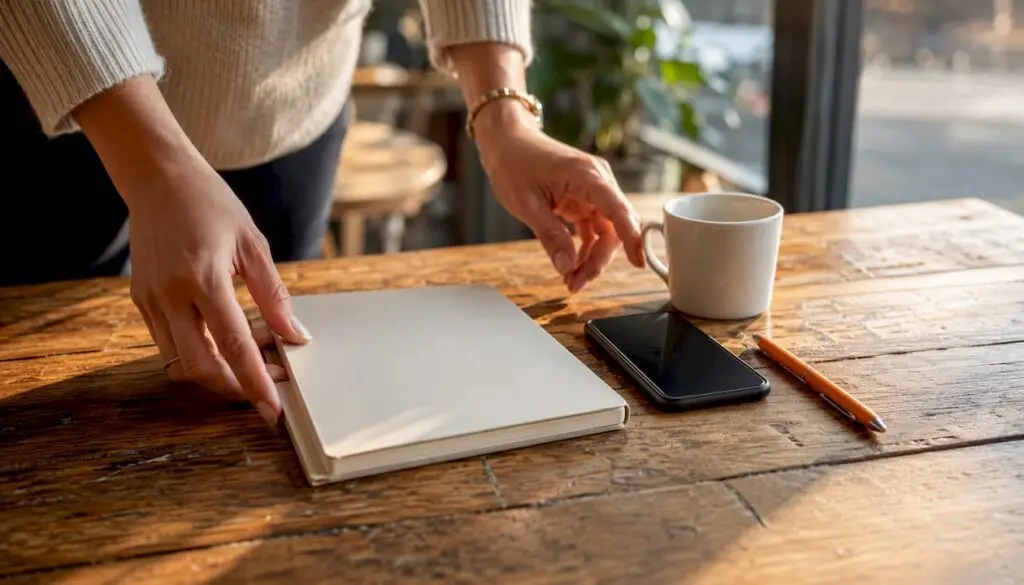 Hands arranging marketing workspace objects