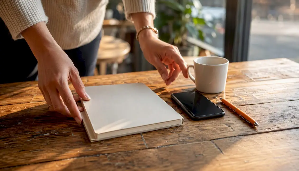 Hands arranging marketing workspace objects