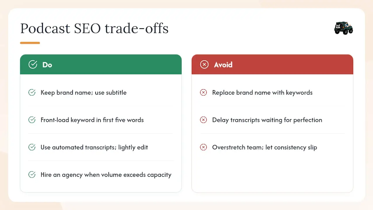 The trade-offs most podcast SEO guides do not address — overview diagram