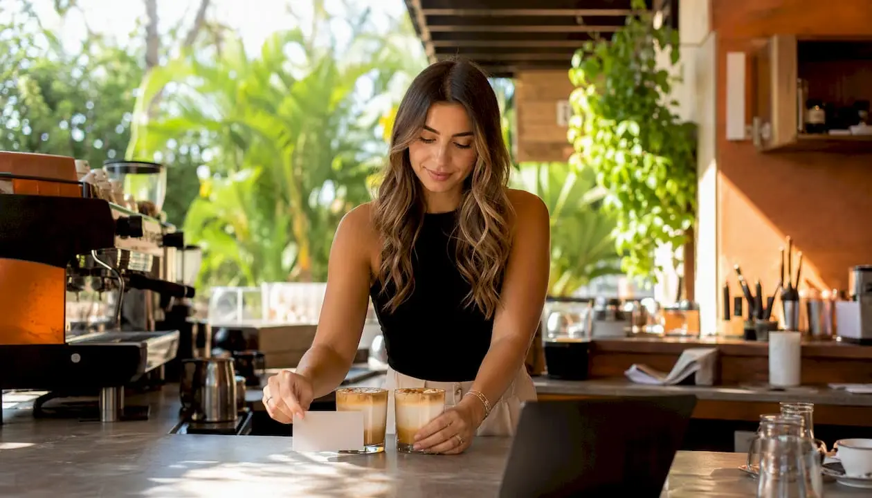 Influencer preparing coffee in local cafe