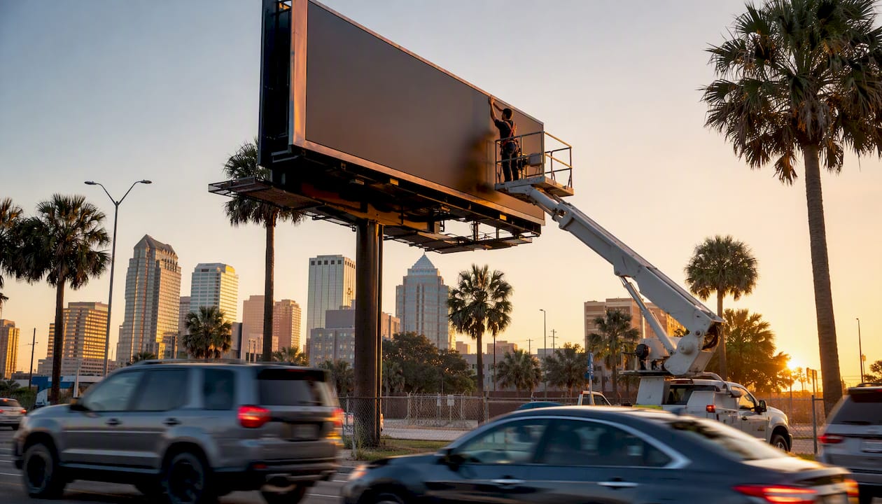 Technician installing roadside billboard in city