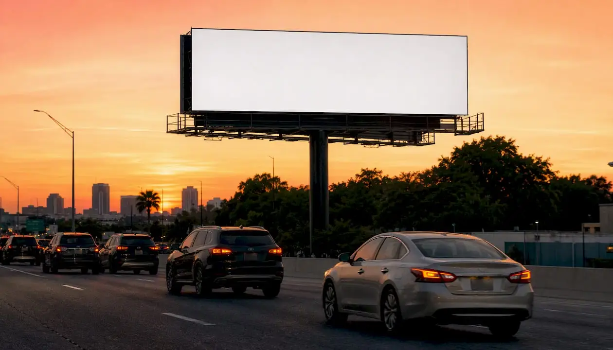 Highway billboard visible to commuters at sunset