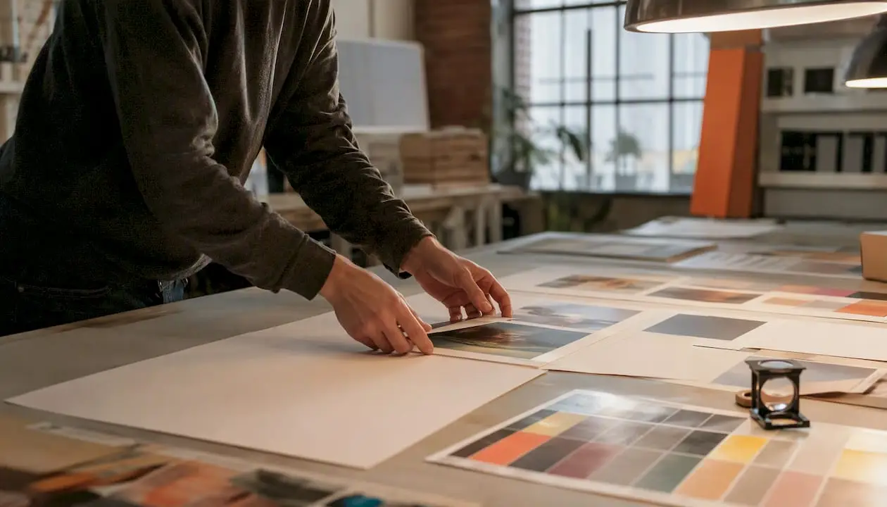 Designer hands preparing magazine ad layouts