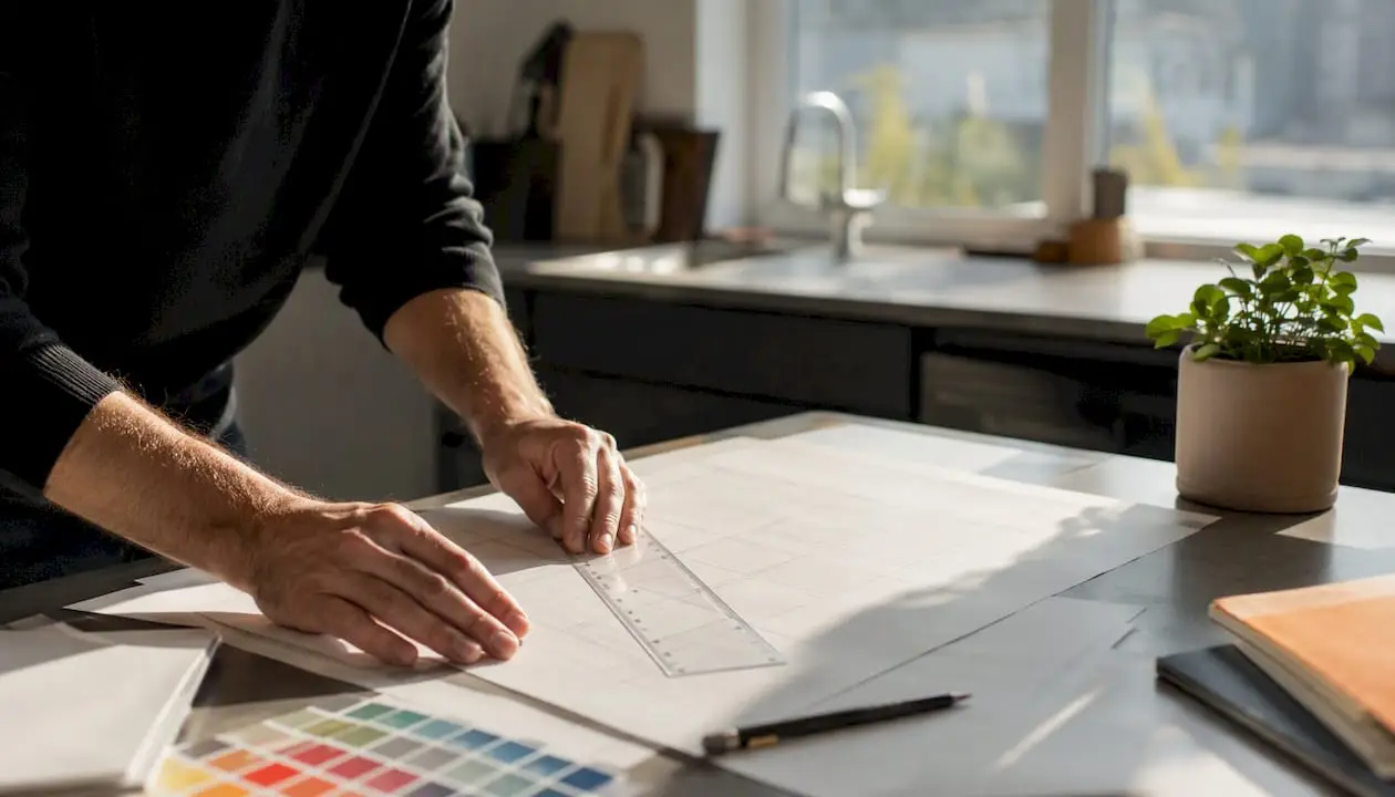 Hands measuring column grids on magazine layout