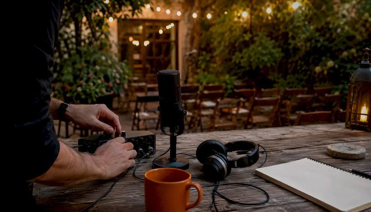 Hands adjusting microphone at a community event