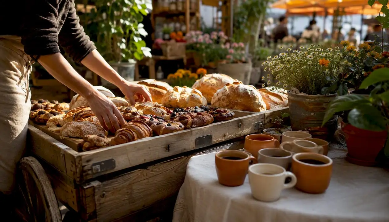 Pouring coffee at local bakery event collaboration