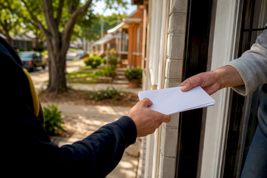 Delivering surveys door to door in local neighborhood