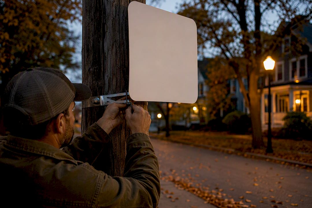 Hands installing local landmark ad sign