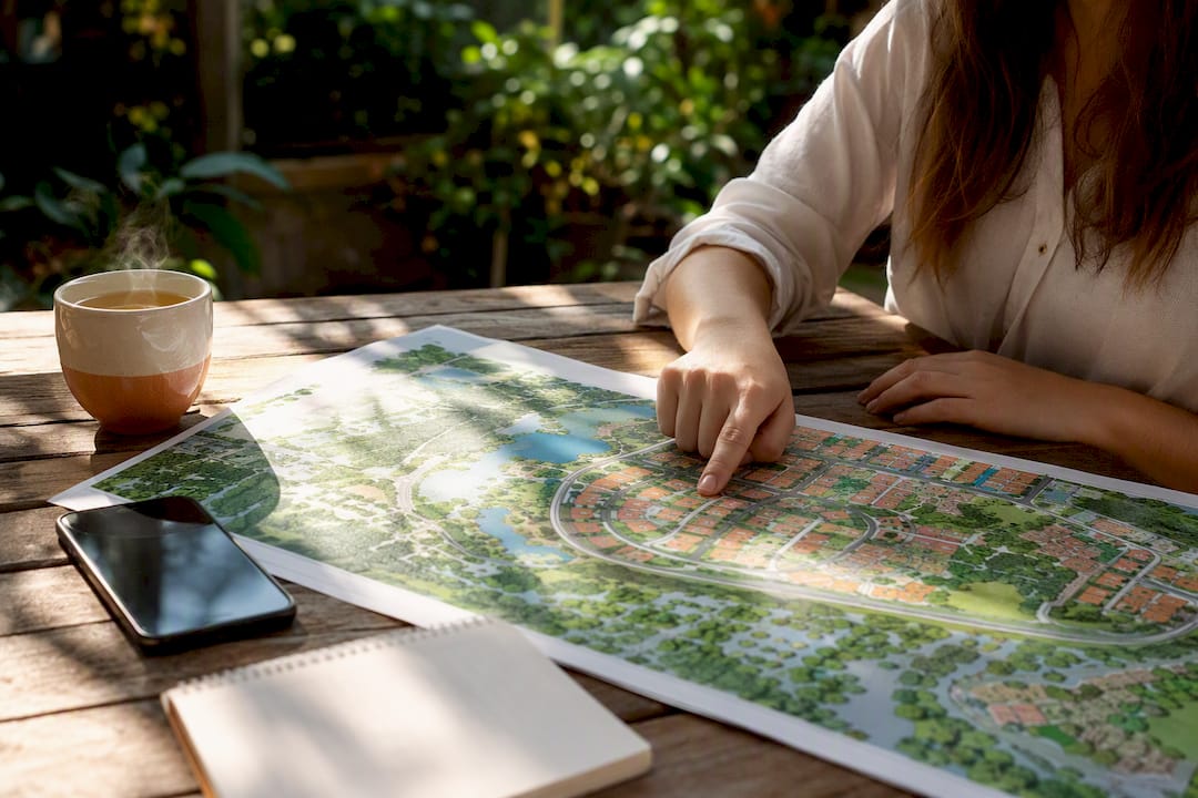 Hand pointing to neighborhood map section