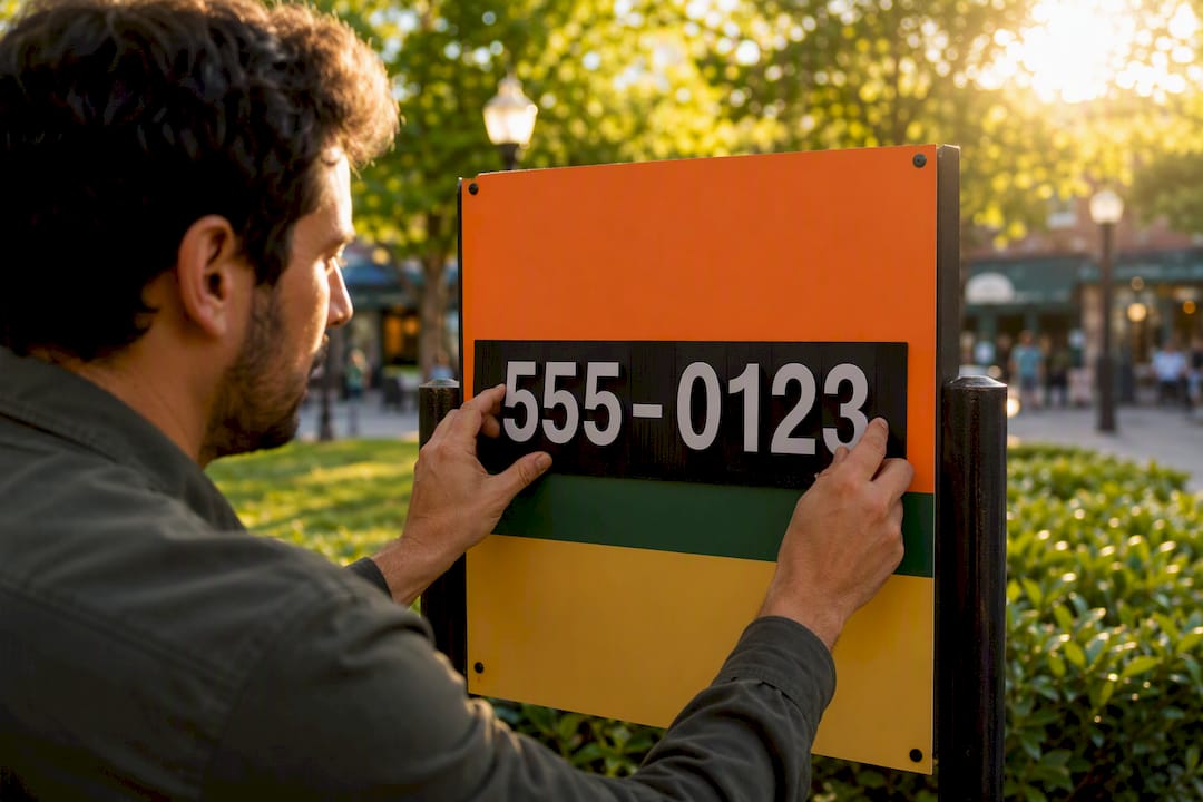 Hands swapping phone number on business sign