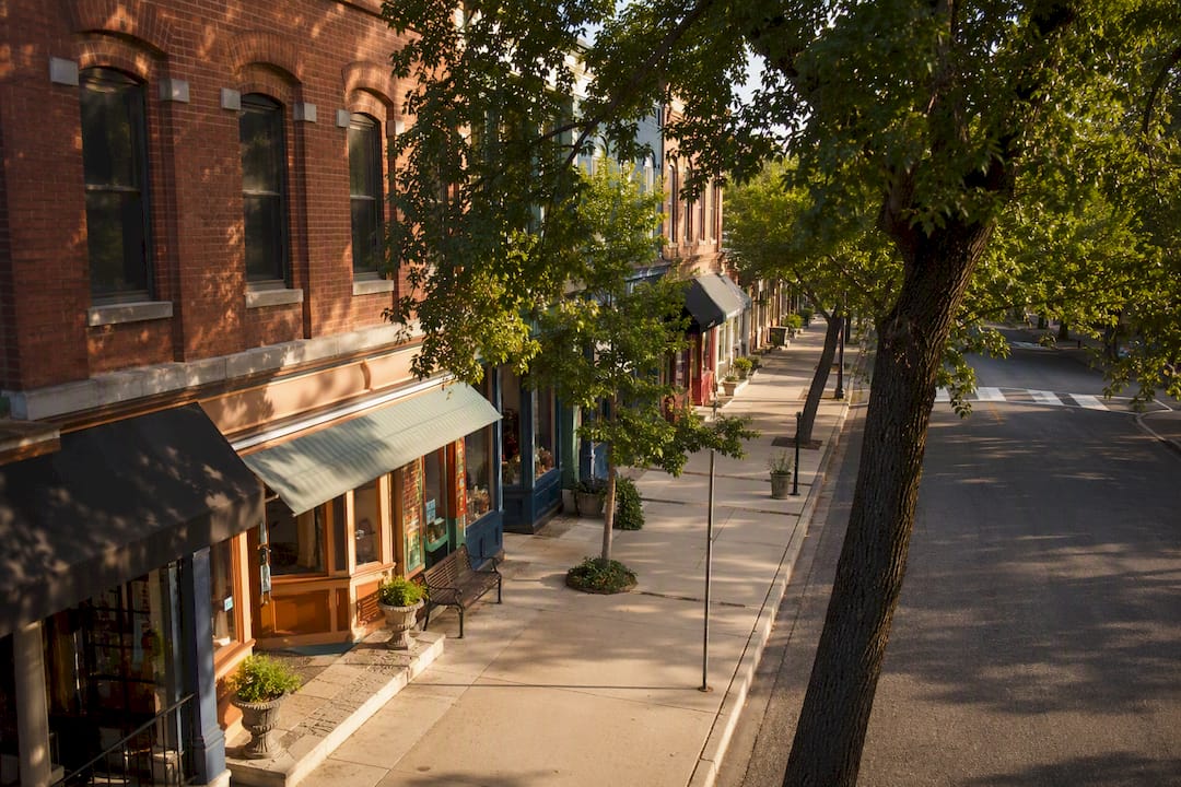 Local urban neighborhood with shops and walking area