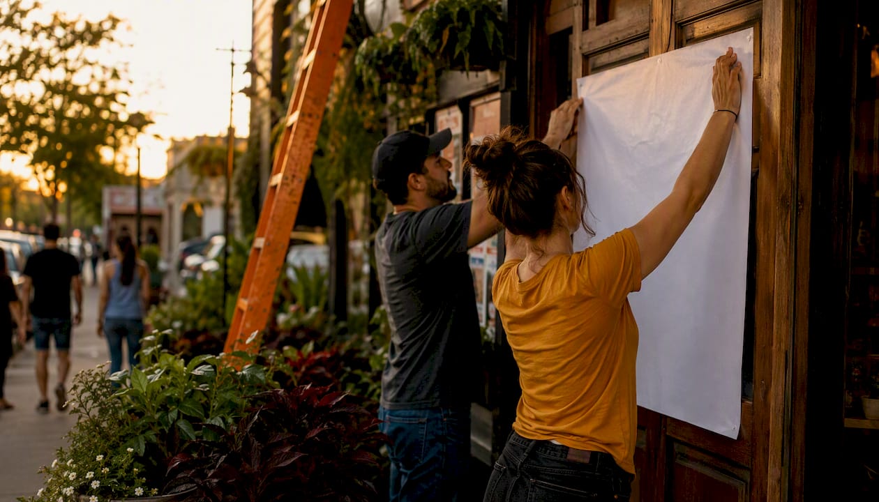 Hands installing local advertising banner