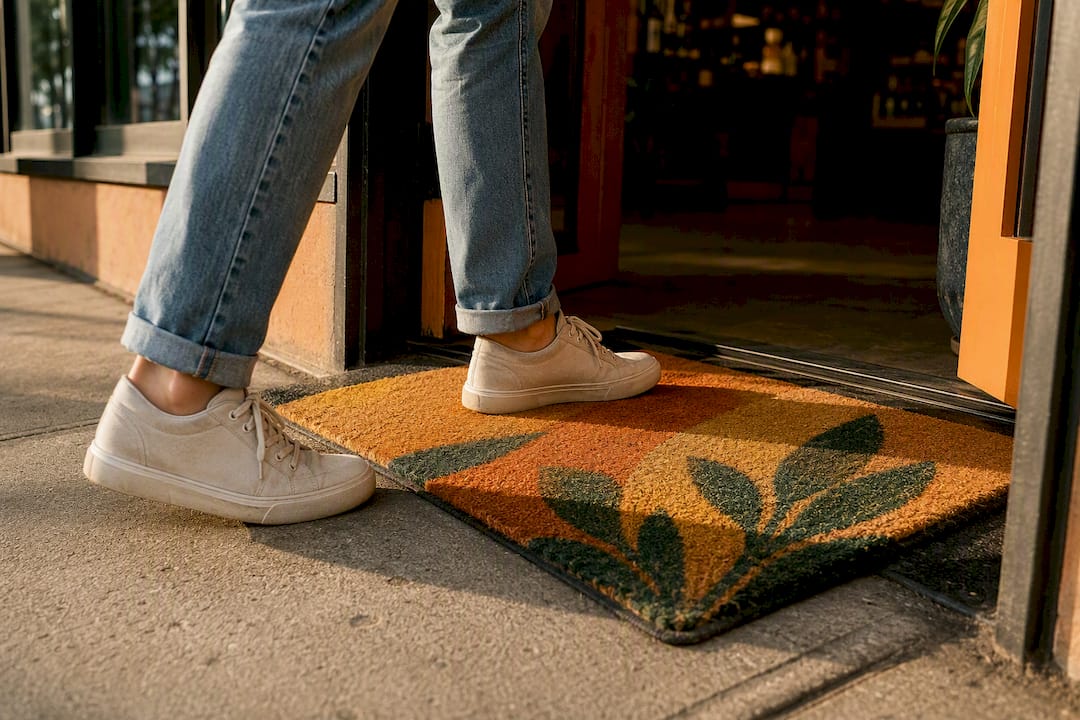 Feet entering local store through front door