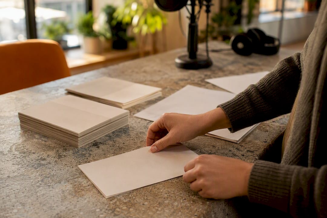 Hands arranging local campaign materials on table