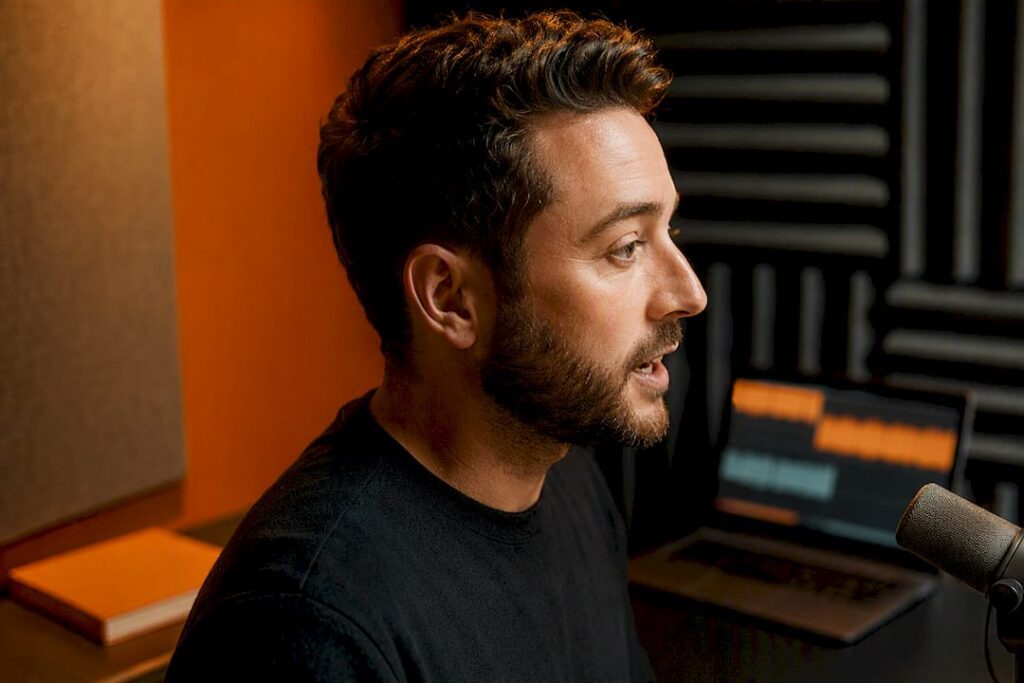 Host recording a local podcast advertisement