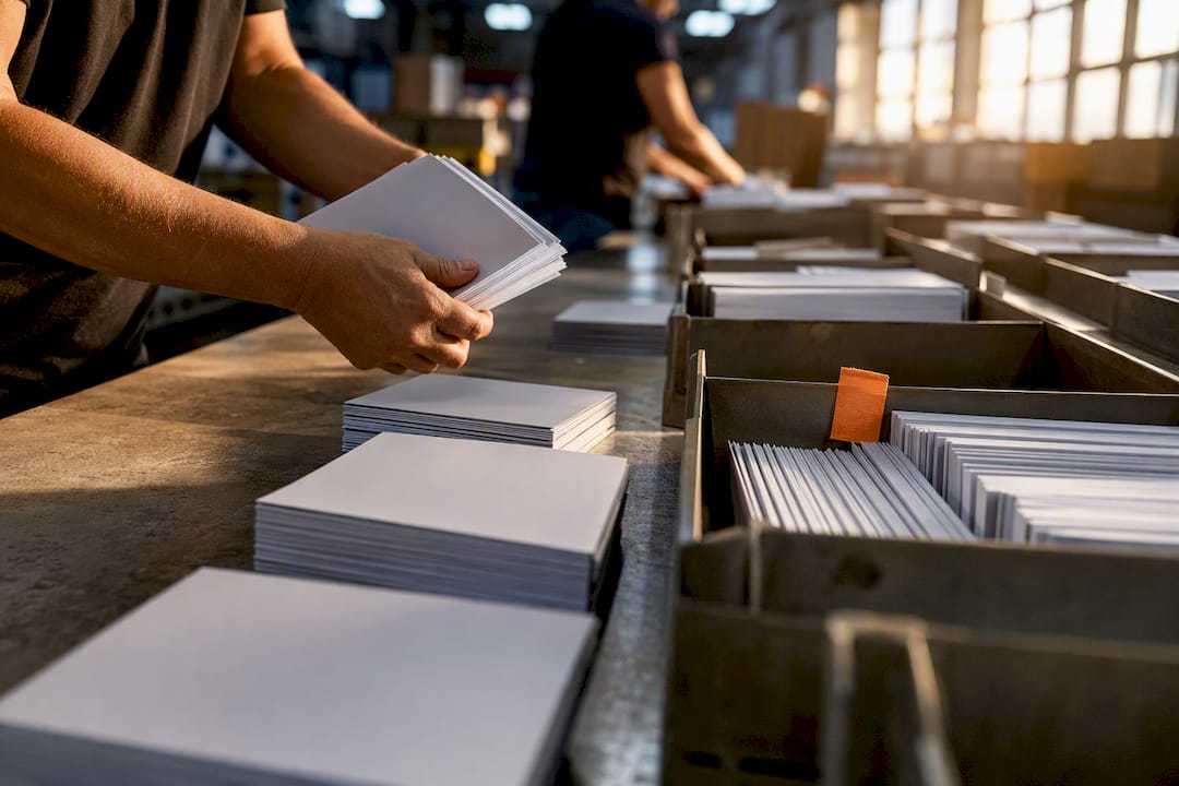 Hands sorting postcards into direct mail trays