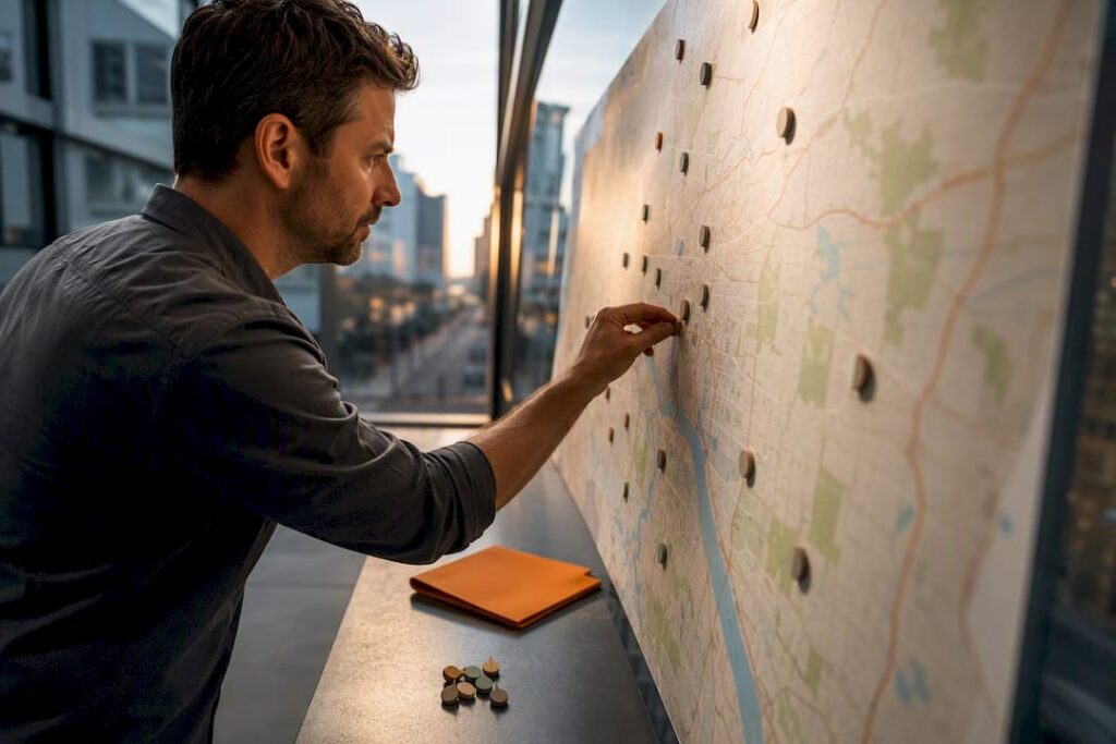 Strategist planning local advertising locations