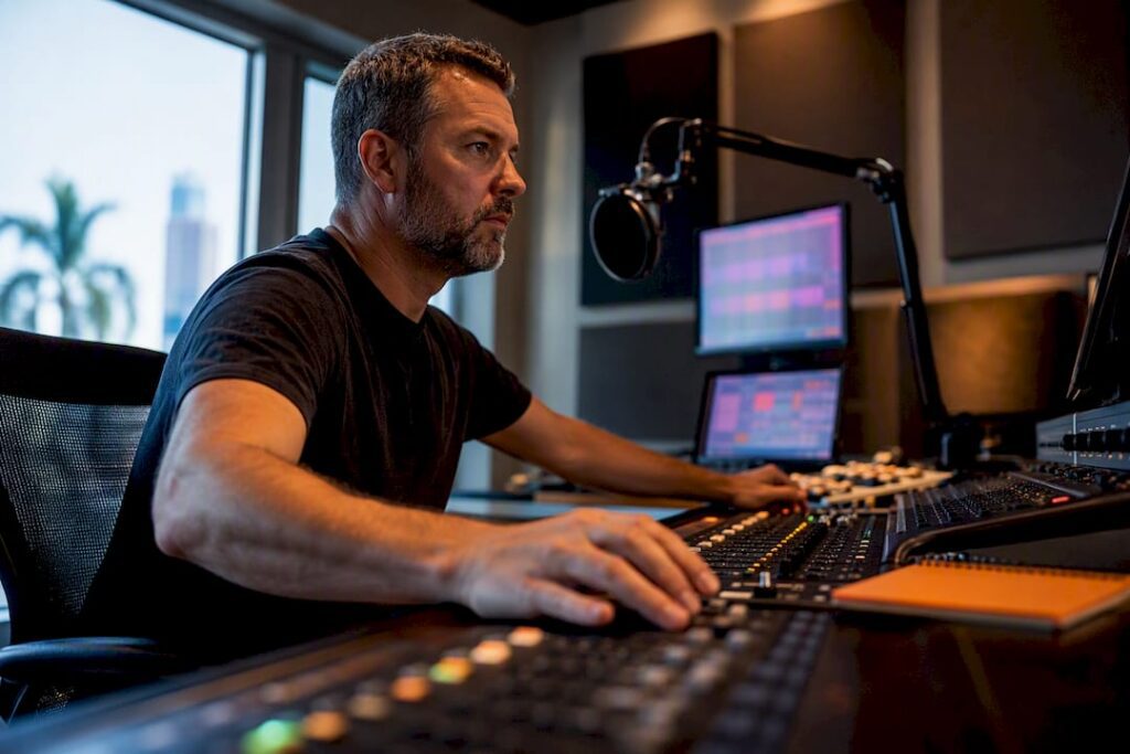 Producer cueing a radio commercial in studio